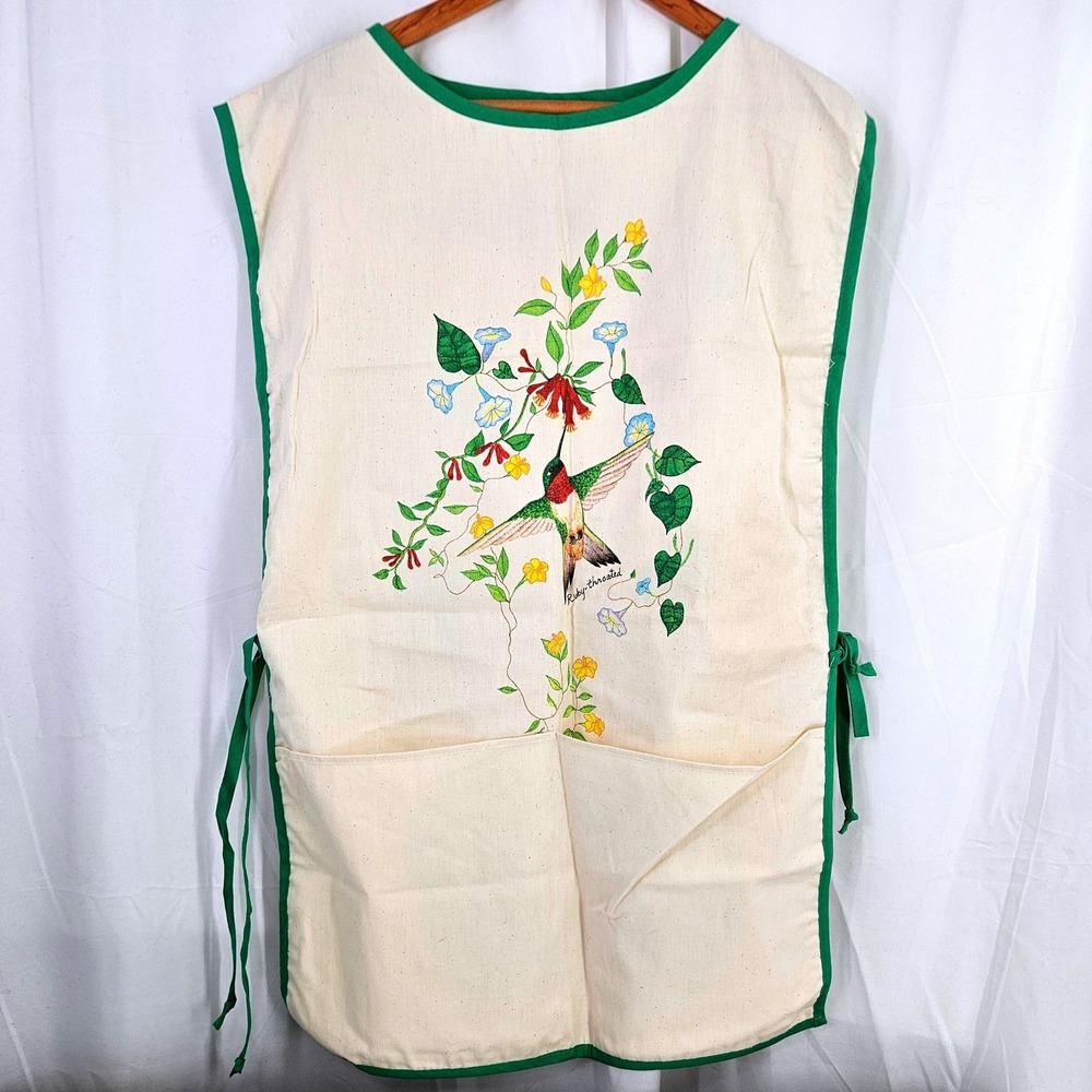 Vintage Hummingbird Tabard Apron Cream Green Canvas Vintage Deep Pockets Grandma